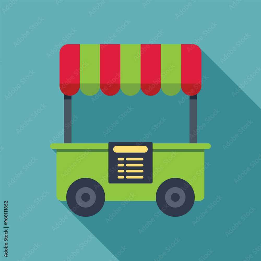 Poster green food cart with awning extended displaying a menu on the side, ready to serve customers