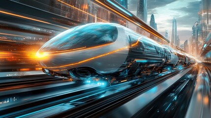 Futuristic transportation systems with mesmerizing designs, set against a dynamic realistic background of a bustling cityscape