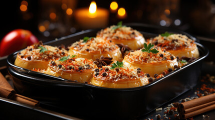 Pumpkin Pies With Cream And Spices Baked In A Mini Muffin Tin On Dark Blurry Background