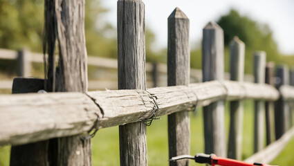 Fototapeta premium Old weathered farm wooden fence post in rural landscape Australia
