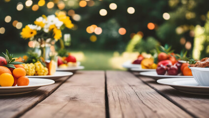 Wooden table top with a blurred background of a garden party atmosphere.