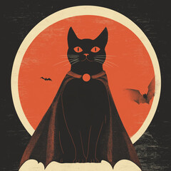 Obraz premium black cat in vampire cape with full moon background