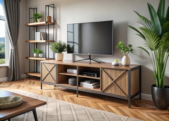 Metal accents add a touch of modern flair to this sleek TV cabinet, featuring an angled base and