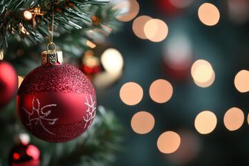 red backgrounds and Christmas tree decorations. AI dekorative.
