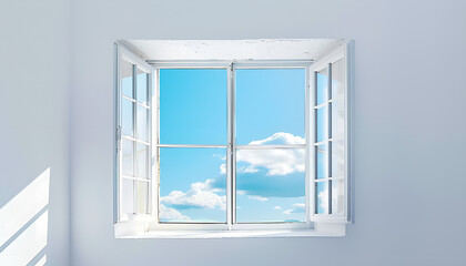 view of nice big white openned window on white wall with blue sky seen through