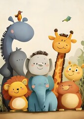 Naklejka premium A group of adorable cartoon animals, including a giraffe, lion, elephant, and a hippo, all smiling and looking happy.