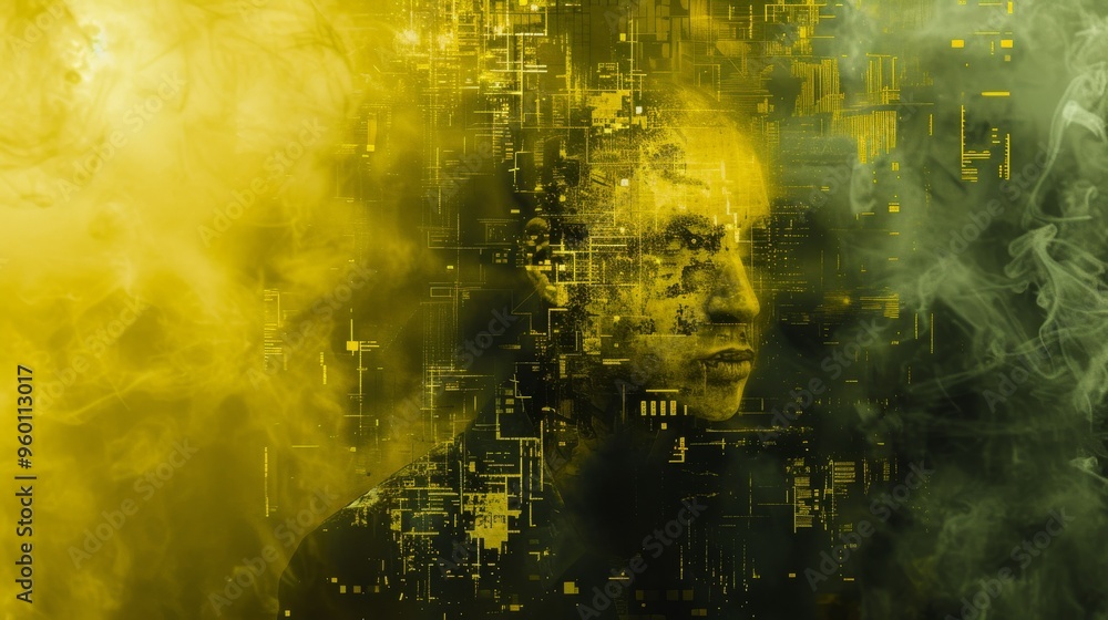 Poster a digital and abstract overlay partially obscures a man's face, blending technology with human expre