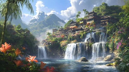 Fototapeta premium Village on a hill with a cascading waterfall, vibrant flowers, and bamboo trees, set in a dynamic, realistic environment