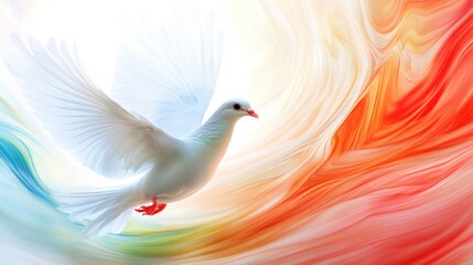 Obraz premium White dove soaring amidst swirling, whimsical colors in the sky, set against a dynamic white background, creating a striking visual