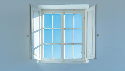 Obraz premium view of nice big white openned window on white wall with blue sky seen through