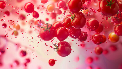 Vibrant food background with an explosion of cherry tomatoes, creating a lively and colorful display. The backdrop is filled with splashes of red and pink hues