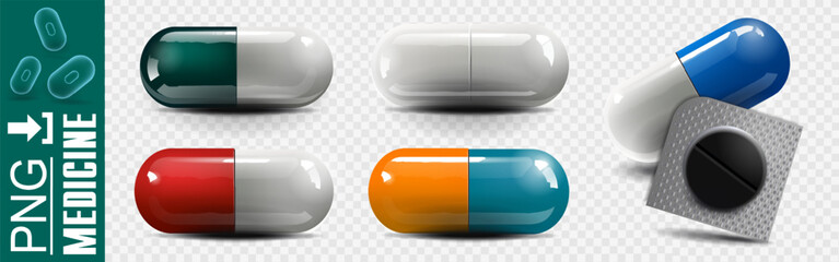 Collection of realistic pills in capsules and blisters on transparent background with high resolution. Medical pills on transparent background. Medical pharmaceutical banner with pills for advertising