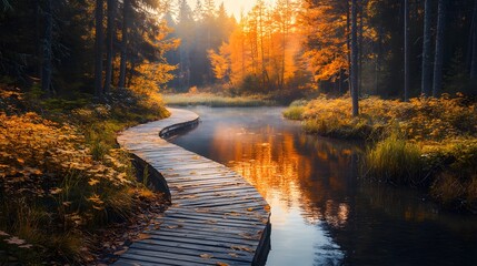 Obraz premium Autumn forest pathway, vibrant fall colors, wooden boardwalk, winding path, tranquil river, golden leaves, sunlight streaming through trees, reflections on water.