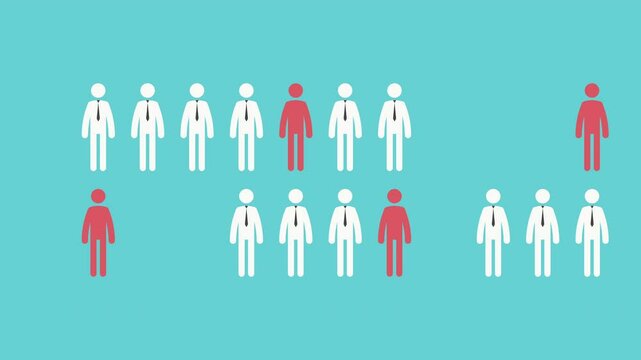 animated employee or people icons on blue background, describe business decrease, follower or investor decrease continously, market business concept.