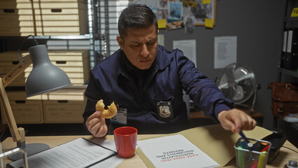 Hispanic police officer eating donut indoors at workstation with badge visible and reports on desk.