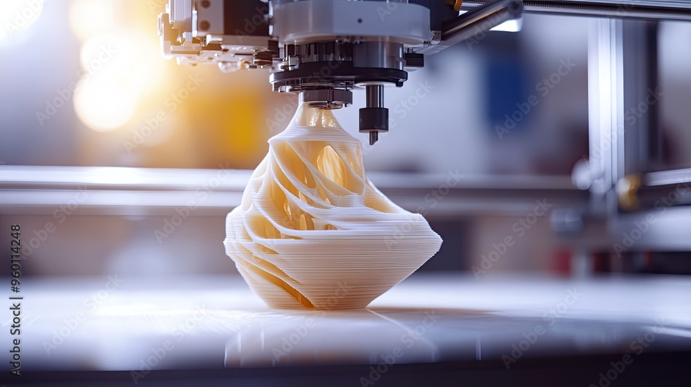 Poster a 3d printer creating a swirling object from a liquid material.