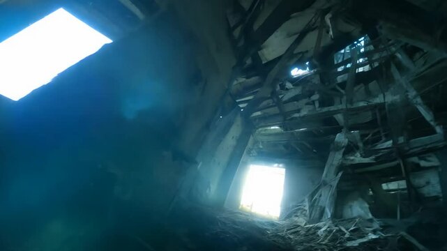 A drone races through the tight, crumbling corridors of an abandoned factory with debris and broken windows