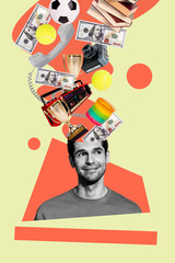 Composite trend artwork sketch image photo collage of young man half head dream money coins...