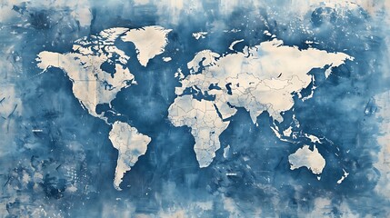 Cyanotype print of world map, blue abstract world map, abstract landscape 