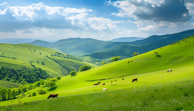 view of nice green hill with cows on blue sky background, summer day
