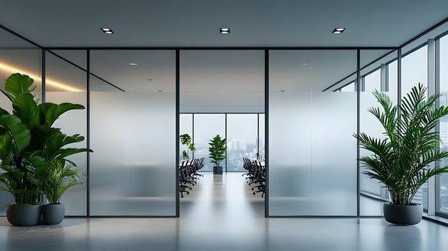 Bright modern office interior, frosted glass partition, aluminum frame doors, clean minimalist design, natural light, transparent meeting room, green indoor plants.