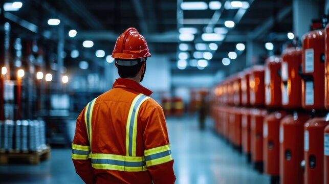 Fire safety officer in a high-key image, inspecting a modern industrial facility equipped with fire extinguishers and advanced safety equipment for emergency preparedness