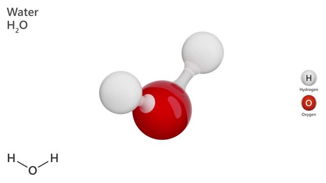 water molecule H2O animated 3D model. Water appears as a clear, non toxic liquid. red color. 3d render