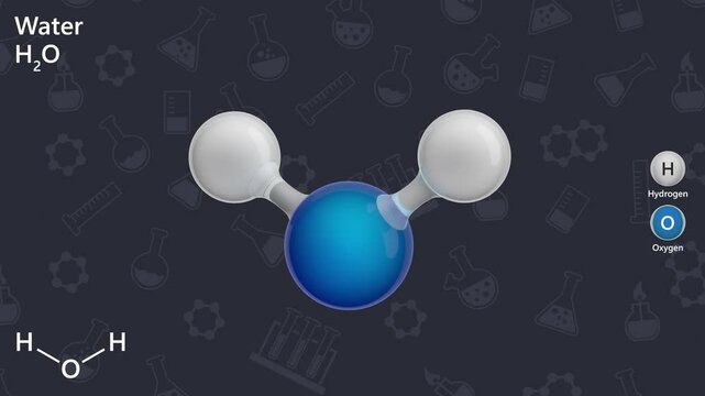 water molecule H2O animated 3D model. Water appears as a clear, non toxic liquid. blue color. 3d render. black background