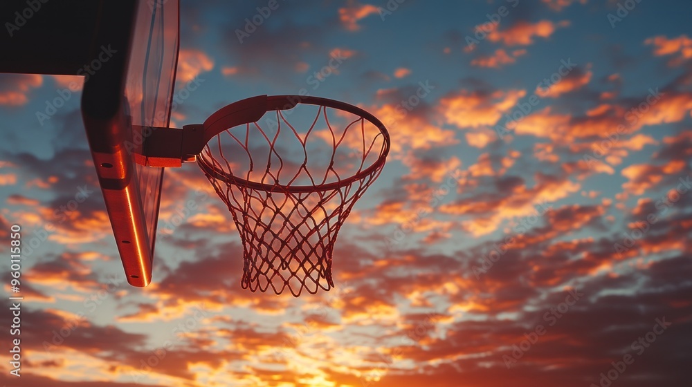 Sticker A basketball hoop silhouetted against a vibrant sunset sky.