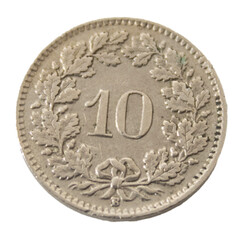ten rappen swiss franc old coin isolated