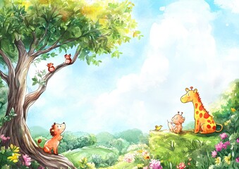 A watercolor illustration of a giraffe, lion, and squirrel in a forest setting. Template for...