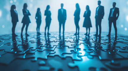 Corporate business people standing on jigsaw puzzle pieces, showing business cooperation, future strategic development,