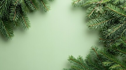 Obraz premium Christmas pine branches on light green background on left side, overhead view, minimalist holiday composition, evergreen sprigs, festive flat lay, soft lighting.