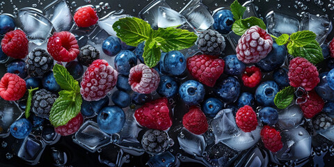 A bunch of berries raspberries blueberries strawberries blackberries with cool background 