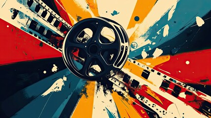 Classic movie poster design featuring a bold title and dynamic visuals with a vintage film reel background, creating a sense of excitement.