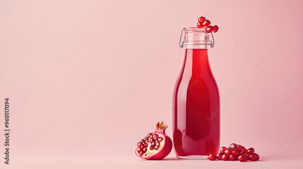 Canvas Prints A bottle of pomegranate juice with fresh pomegranate seeds on a soft pink background.