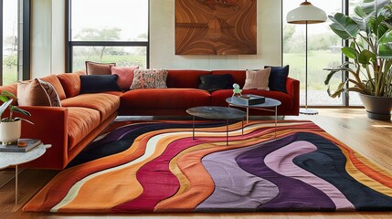 A living room with a red sectional couch, a large abstract rug, a lamp, and plants.