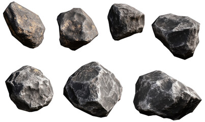Set di rocce irregolari e realistiche, rappresentate in diverse angolazioni, perfette per scenari naturali o spaziali. Cut out