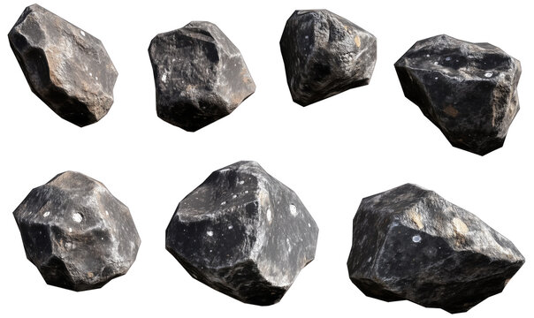 Set di rocce irregolari e realistiche, rappresentate in diverse angolazioni, perfette per scenari naturali o spaziali. Cut out