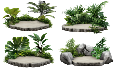 Set di piattaforme di pietra decorate con rigogliosa vegetazione tropicale, perfette per ambientazioni esotiche e naturali., cut out.