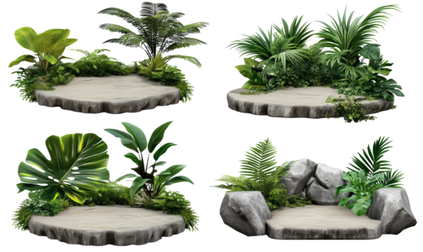 Set di piattaforme di pietra decorate con rigogliosa vegetazione tropicale, perfette per ambientazioni esotiche e naturali., cut out.