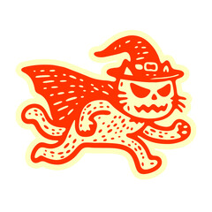 creepy running cat wearing a witch hat and a cloak Halloween sticker character illustration