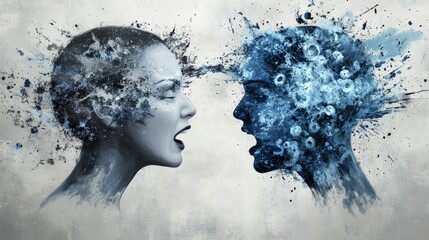 One face with a relaxed expression using simple words, while the other is bombarded with complex scientific terms, visually showing the overwhelm, in a painted style with blue and white coloured paint