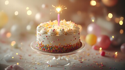 Luminous birthday cake, bright and airy atmosphere, sparkling candle, glowing sparkler, soft whipped cream frosting, colorful sprinkles, golden, transparent glass cake stand.