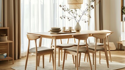 Scandinavian-inspired dining room with light wood furniture 
