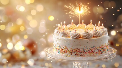 Luminous birthday cake, bright and airy atmosphere, sparkling candle, glowing sparkler, soft whipped cream frosting, colorful sprinkles, golden, transparent glass cake stand.