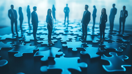 Corporate business people standing on jigsaw puzzle pieces, showing business cooperation, future strategic development,