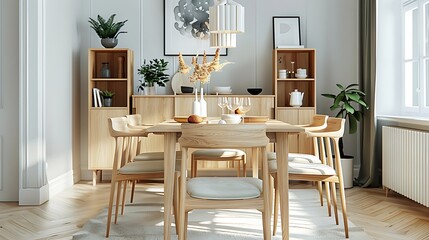 Scandinavian-inspired dining room with light wood furniture 