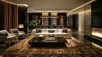Open-plan modern interior with luxurious furnishings and ambient lighting