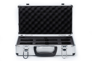 Front view of open metal suitcase